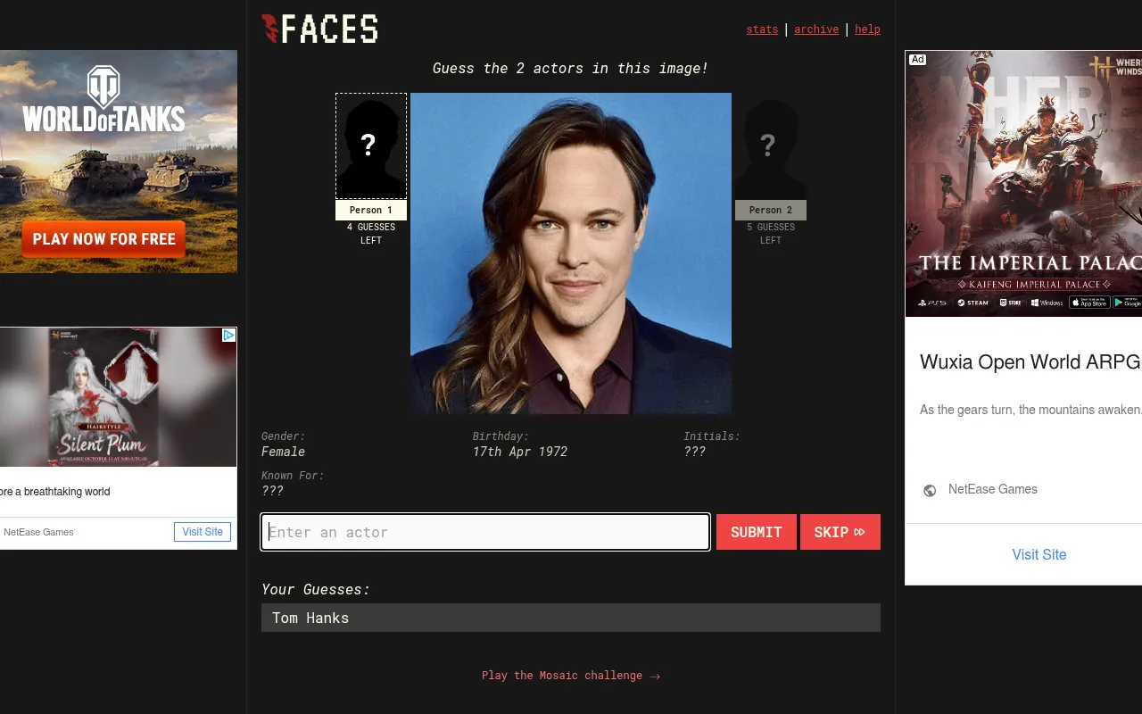 The faces page on a desktop after one wrong guess, with the birthday clue revealed and the guess listed under the board
