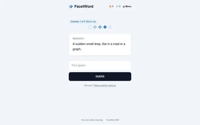 FacetWord's warm-up question: one meaning of the hidden word shown above a guess box, with a link to show another meaning