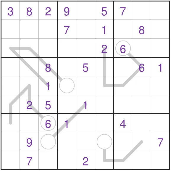 The Medium Factor Line Sudoku grid for 28 October 2026 on PuzzleMadness, with purple givens and grey factor lines running from circled cells