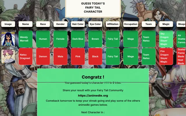 Today's Fairytaildle board: Natsu Dragneel with green tiles for Fairy Tail, Mage and Team Natsu, then Wendy Marvell all green, over the Congratz card for character #62