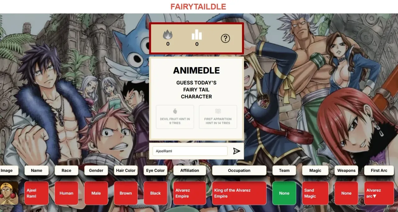 The Fairytaildle start screen: Guess today's Fairy Tail character over Fairy Tail art, with a first guess, Ajeel Ramal, in the tiles