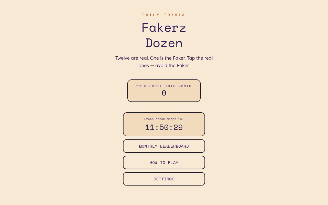 Fakerz Dozen home page on a Monday before the drop: score this month 0 and a Fresh dozen drops in countdown at 11:51:01, above the leaderboard, how to play and settings buttons