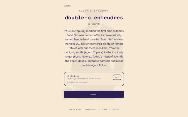 Fakerz Dozen round screen: today's category title with its author and introduction, the Doubler switch and a Start button