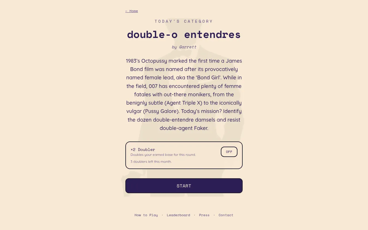 Fakerz Dozen round screen: today's category title with its author and introduction, the Doubler switch and a Start button