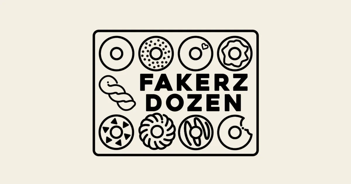 Fakerz Dozen logo: a box of twelve line-drawn doughnuts and one twist pastry around the words Fakerz Dozen