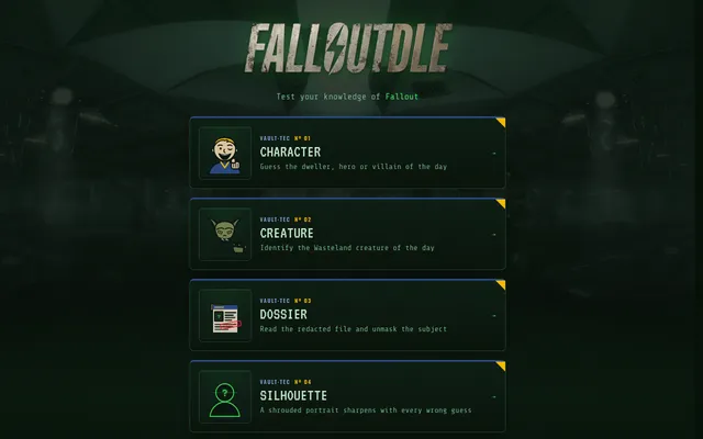 falloutdle home: the FALLOUTDLE title over a vault interior and Vault-Tec mode cards for Character, Creature, Dossier and Silhouette