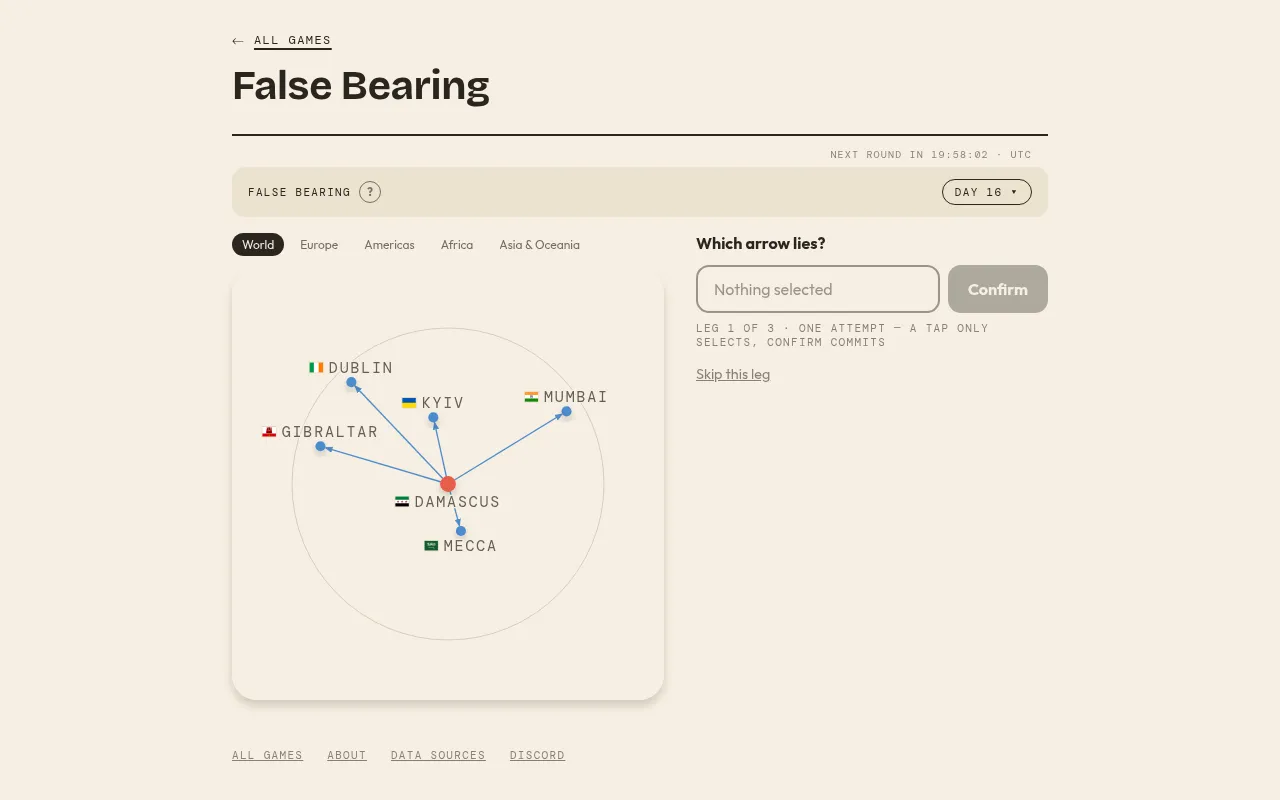 False Bearing leg 1 of 3 board with five arrows from Damascus and the Which arrow lies? confirm box