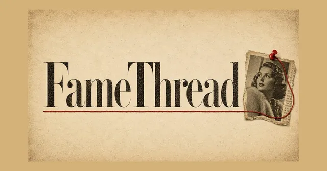 The FameThread title card: the game's name in newspaper type, with a red thread running to a pinned vintage photo of a film star