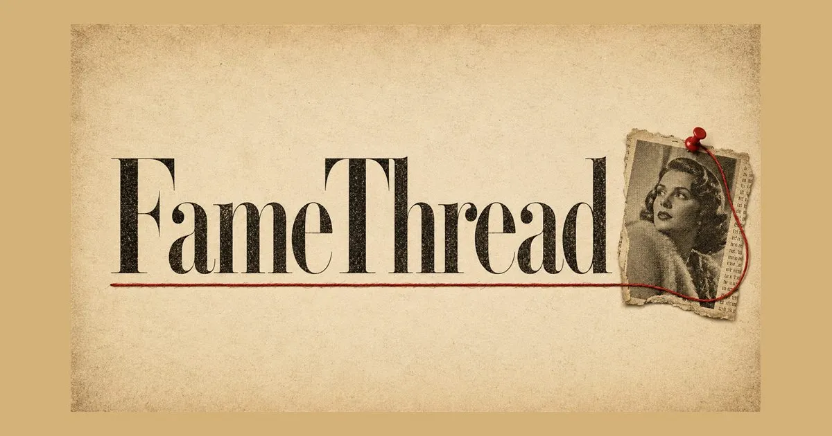 The FameThread title card: the game's name in newspaper type, with a red thread running to a pinned vintage photo of a film star