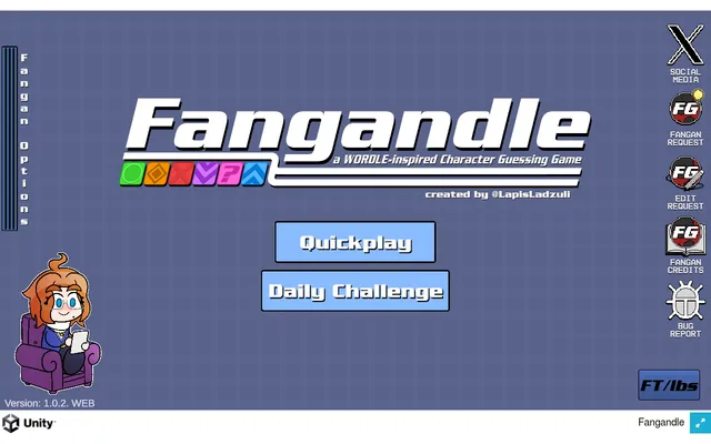 The Fangandle title screen with the Quickplay and Daily Challenge buttons and the host character sitting in an armchair
