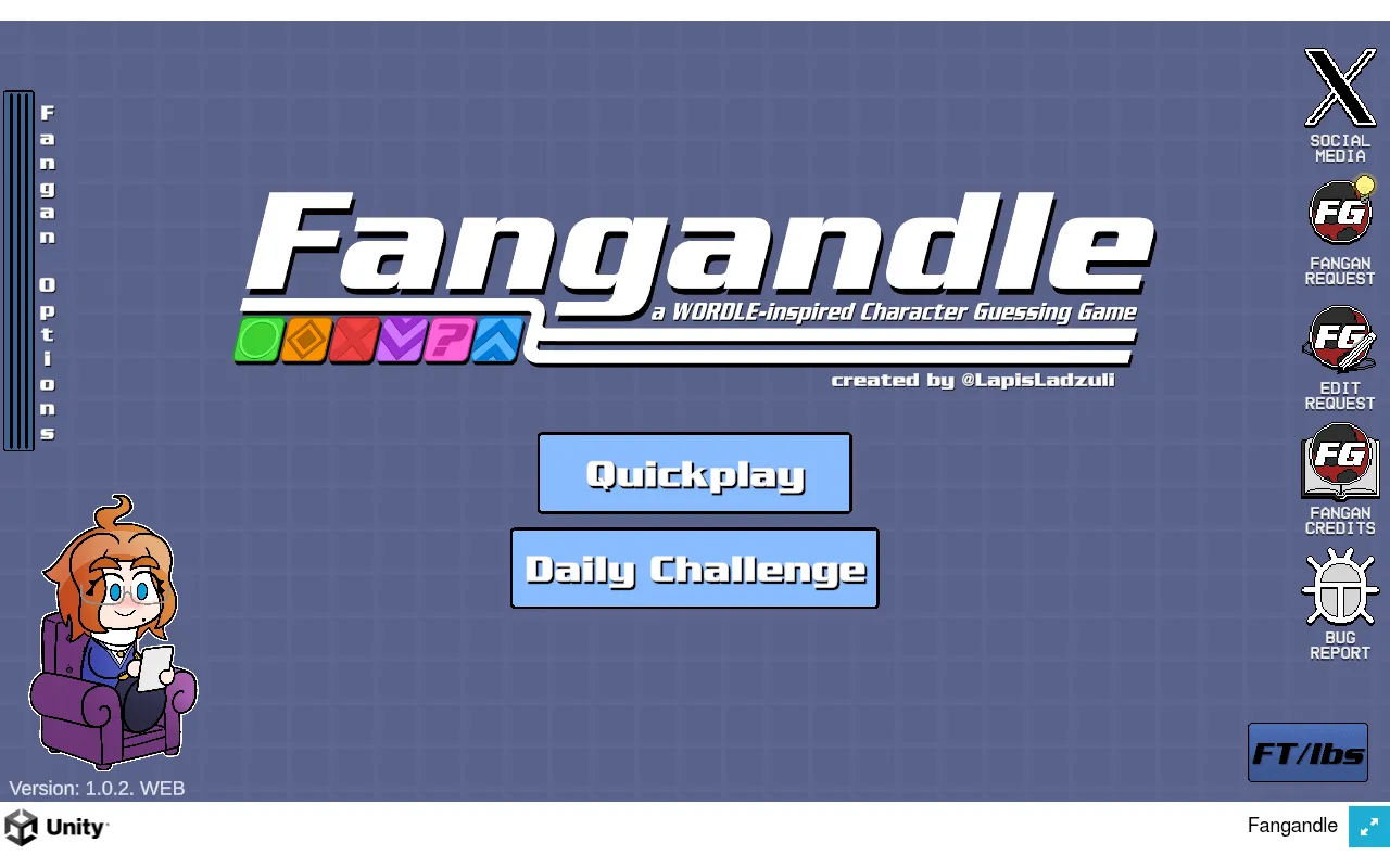 The Fangandle title screen with the Quickplay and Daily Challenge buttons and the host character sitting in an armchair
