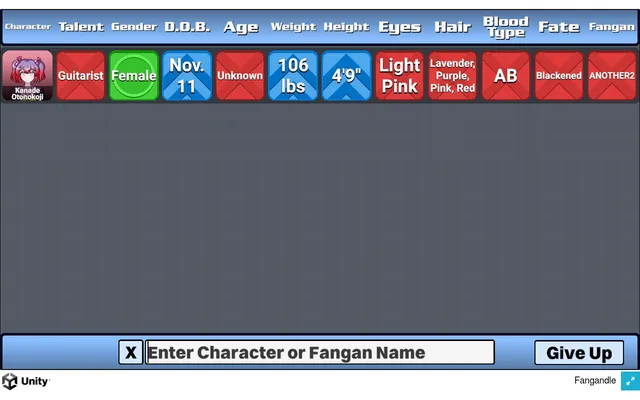 A Fangandle Daily Challenge board after one guess: Kanade Otonokoji's eleven trait boxes, with Female correct, arrows on date of birth, weight and height, and the rest wrong