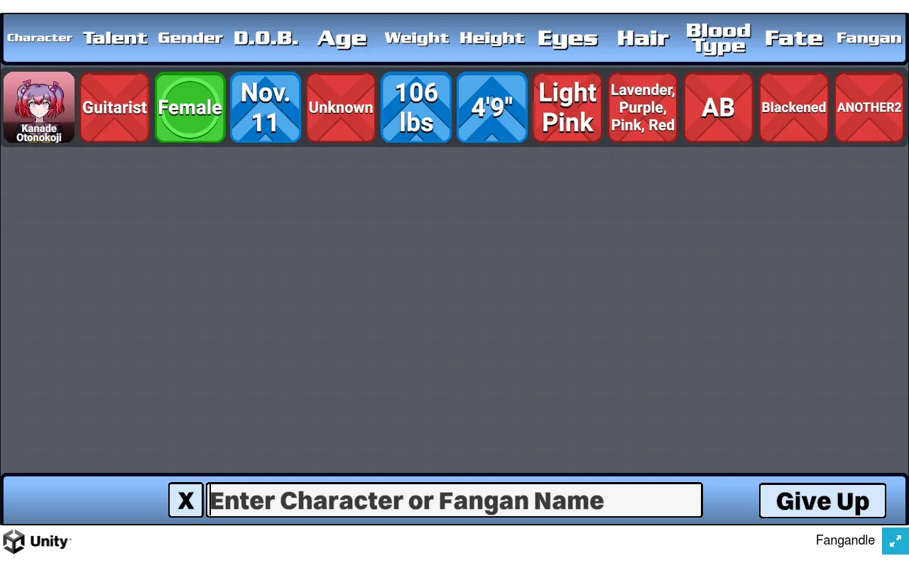 A Fangandle Daily Challenge board after one guess: Kanade Otonokoji's eleven trait boxes, with Female correct, arrows on date of birth, weight and height, and the rest wrong