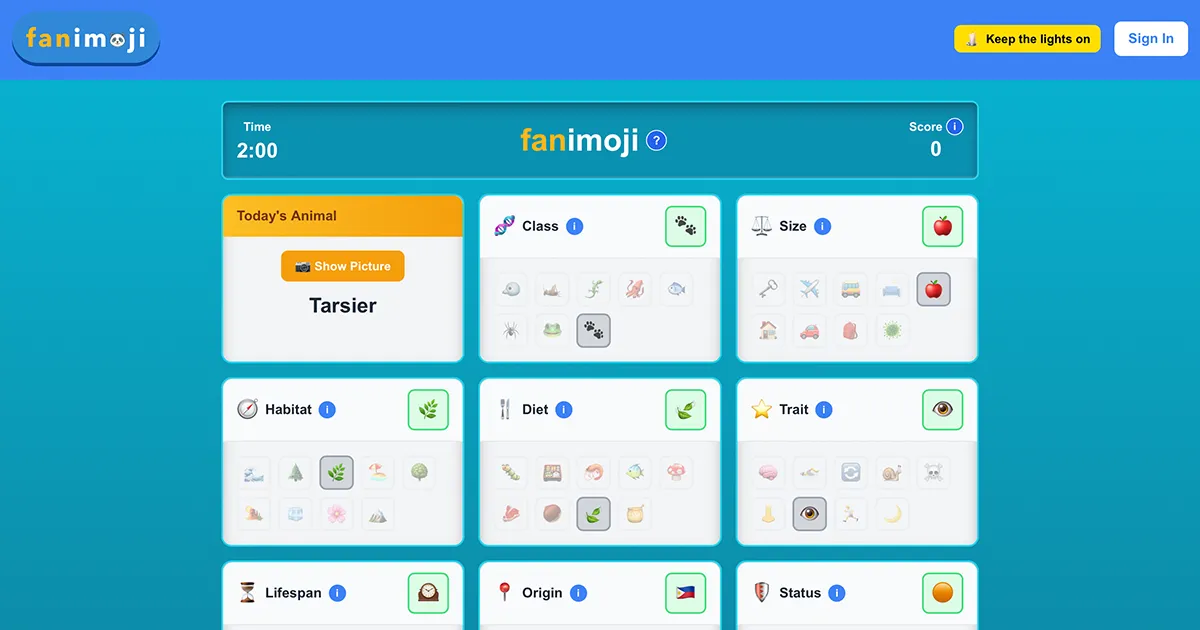 A fanimoji board for the tarsier, with emoji picks for class, size, habitat, diet, trait, lifespan, origin and status