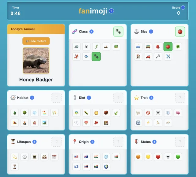 A fanimoji board for the Honey Badger with its photo, the timer and score, and eight emoji category rows, Class and Size already answered in green