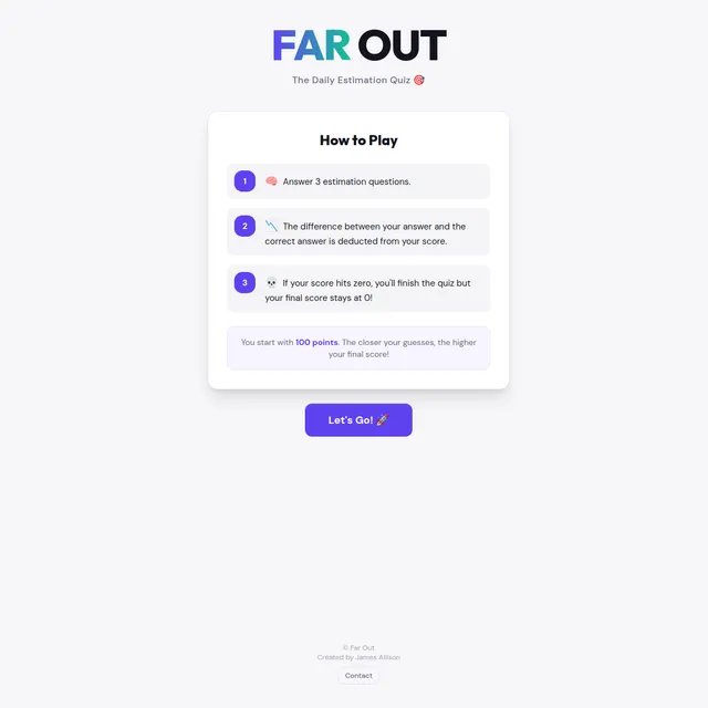 Far Out, The Daily Estimation Quiz: How to Play card with the three rules and a Let's Go button