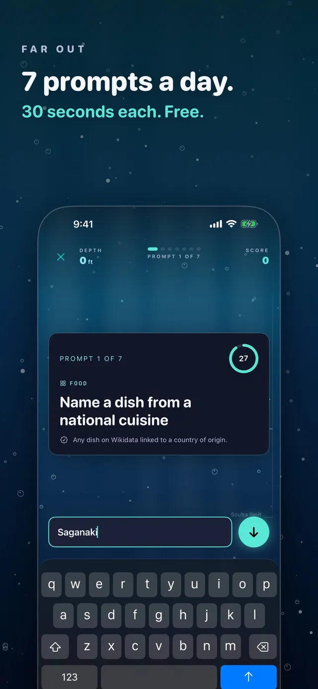 Farout's first prompt of seven, Name a dish from a national cuisine, with a 30 second ring at 27 and the answer Saganaki typed in