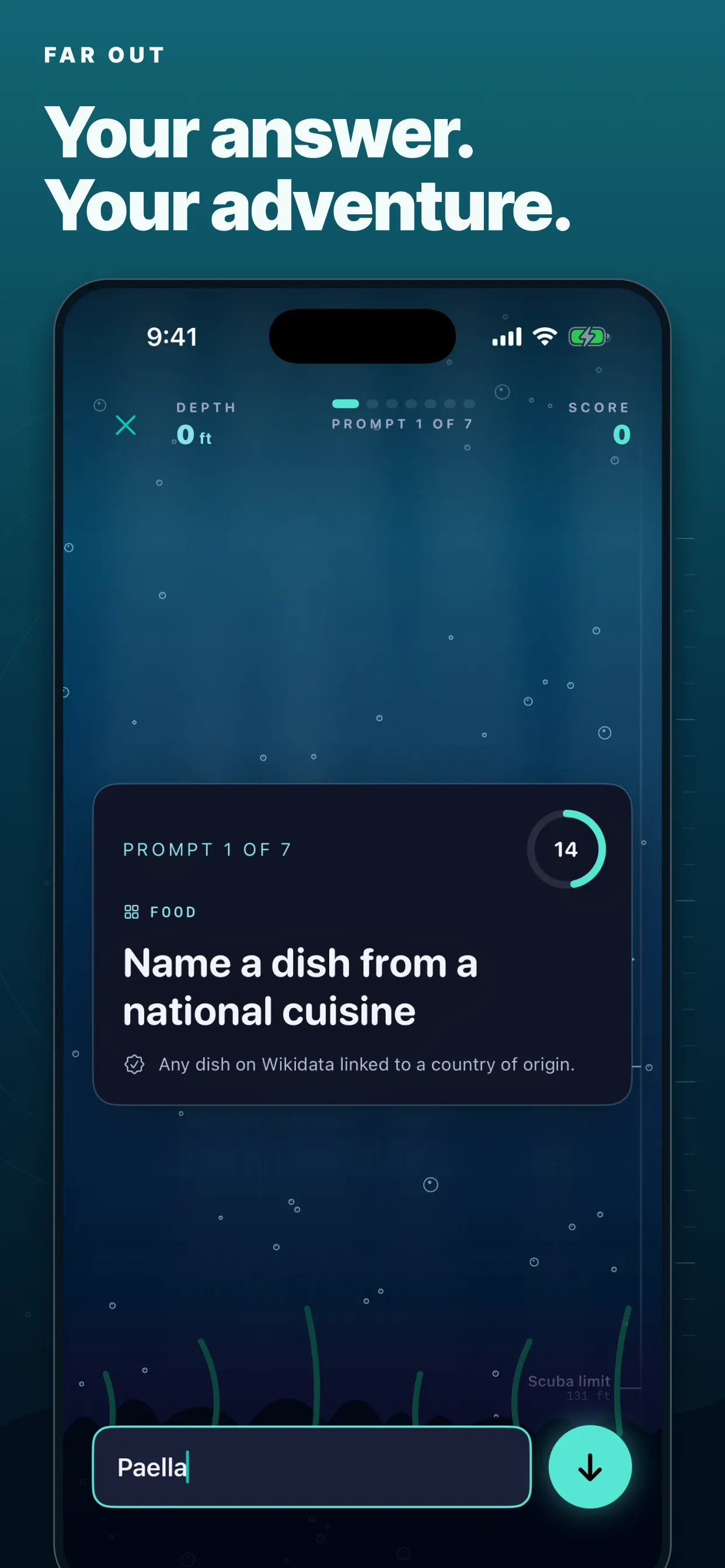 A Farout prompt, Name a dish from a national cuisine, with a countdown timer and an answer being typed