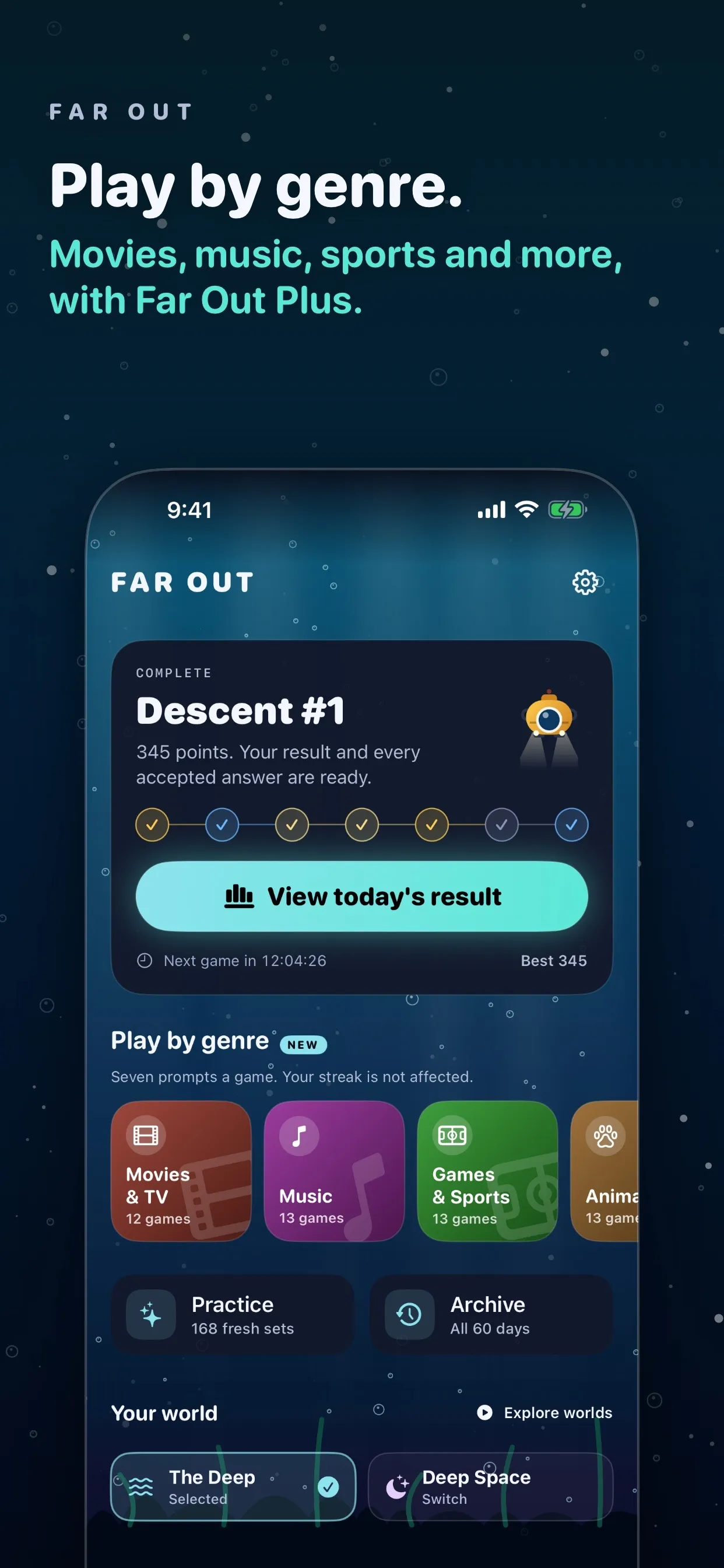 Farout's home screen with the finished daily dive, Far Out Plus genre tiles, Practice and Archive buttons