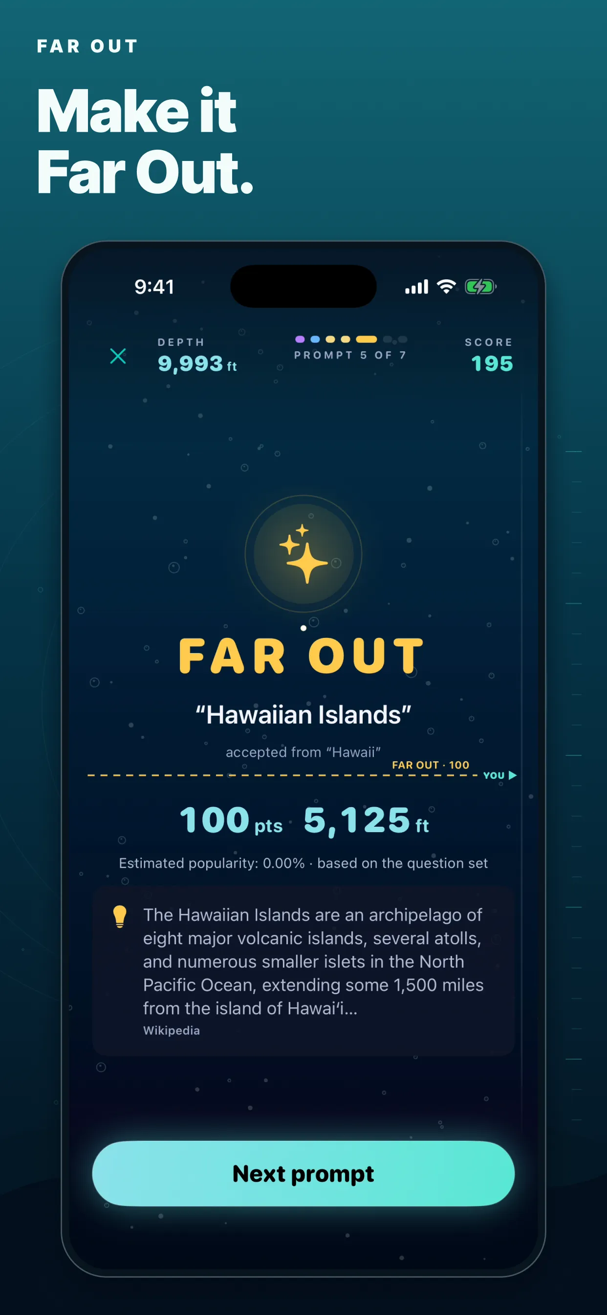 A Farout result marked Far Out for the answer Hawaiian Islands, with 100 points, its depth and a short note