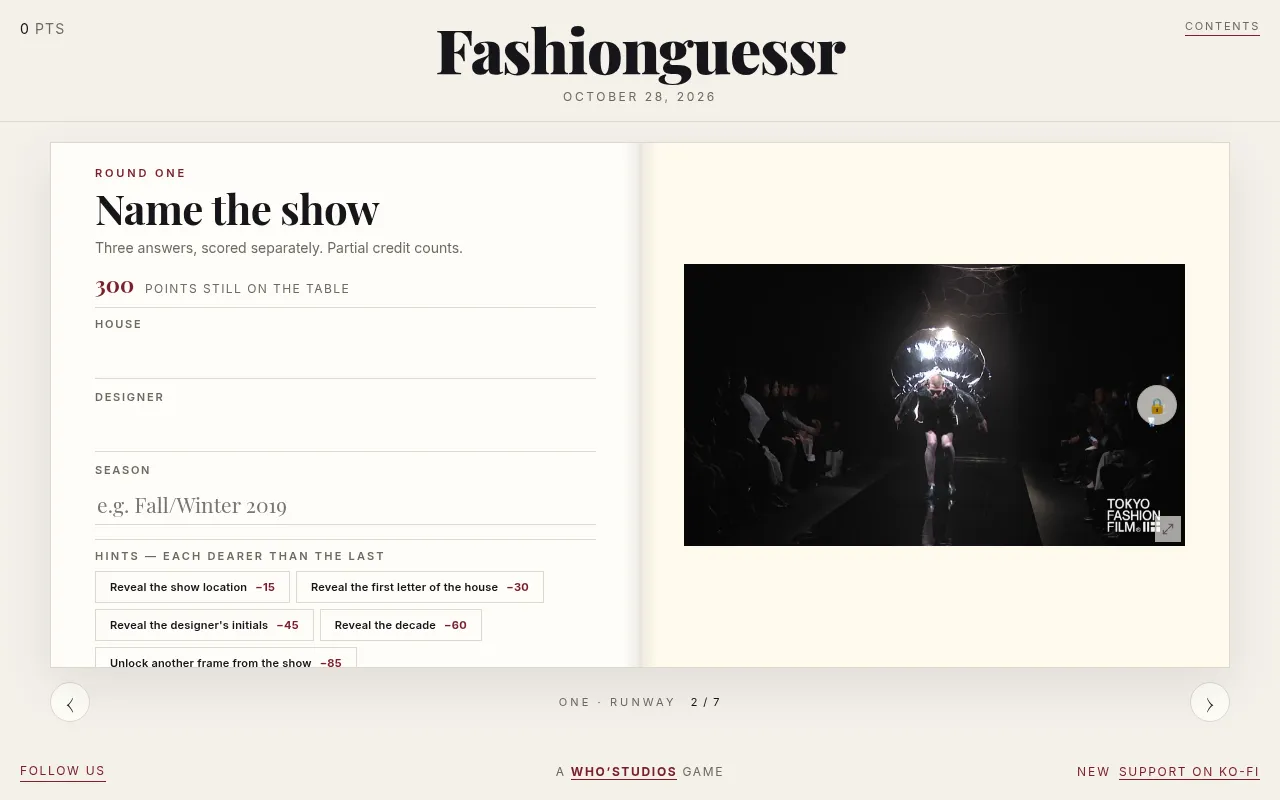 Fashionguessr issue of 28 October 2026, round one: fields for house, designer and season, the hint buttons with their point costs, and a dark runway frame from a Tokyo show