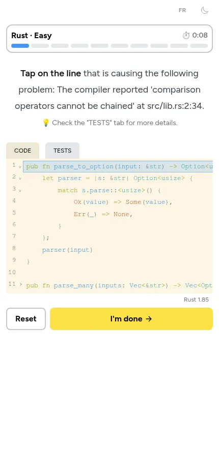 fata daily quiz on a phone, Rust Easy: tap the line causing 'comparison operators cannot be chained', with Code and Tests tabs and an I'm done button