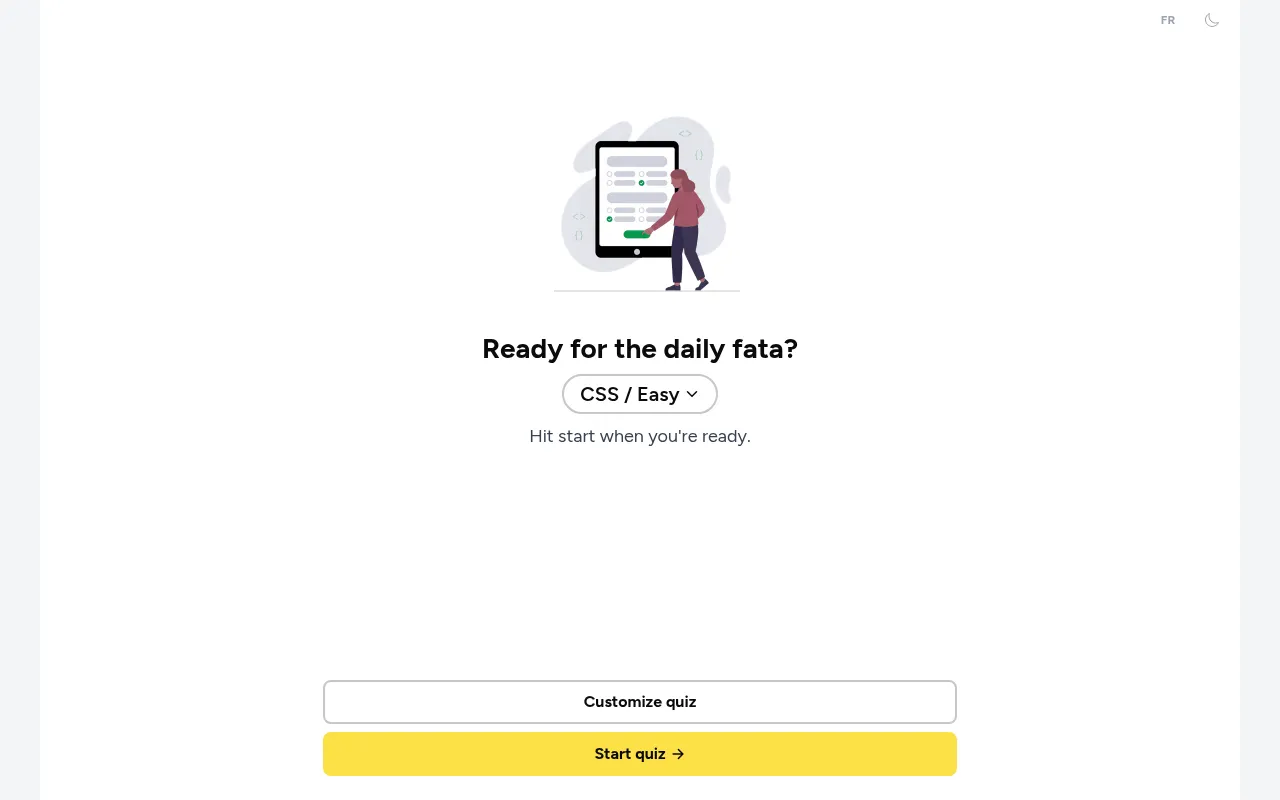 fata daily start screen: Ready for the daily fata, with a CSS Easy topic picker and a Start quiz button