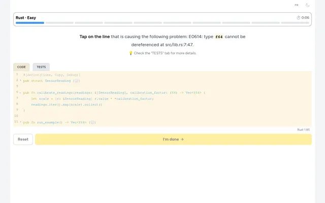 fata daily quiz, Rust Easy: a short Rust program with a compiler error E0614, type f64 cannot be dereferenced, and the instruction to tap the line causing it, with Code and Tests tabs and a timer