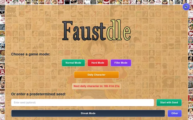 Faustdle's menu over a collage of One Piece character portraits: Normal, Hard and Filler modes, the Daily Character button with its countdown, a seed box and Streak Mode