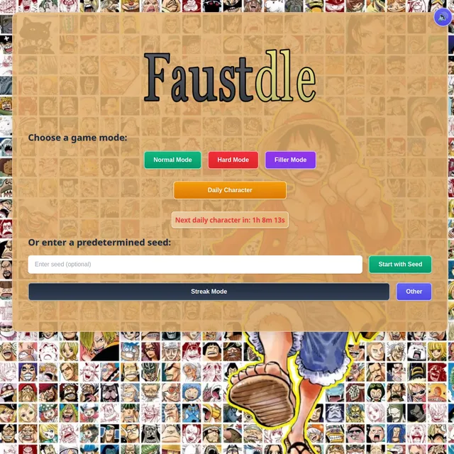 Faustdle menu over a collage of One Piece characters, with game modes, Daily Character and a countdown