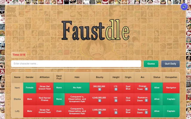 Faustdle's Daily Character board after three guesses (Luffy, Shanks, Nami), each row colouring gender, affiliation, Devil Fruit, Haki, bounty, height, origin, arc, status and occupation