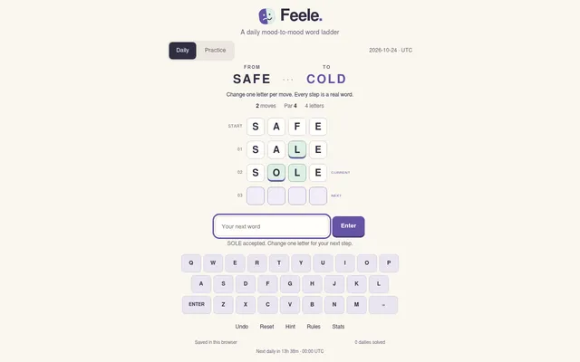 Feele's daily board for 24 October 2026: from SAFE to COLD, par 4, two moves in (SALE, SOLE), with the word box and on-screen keyboard