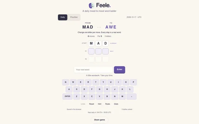 Feele's daily board for 17 October 2026: from MAD to AWE, par 5, with the word entry box and on-screen keyboard