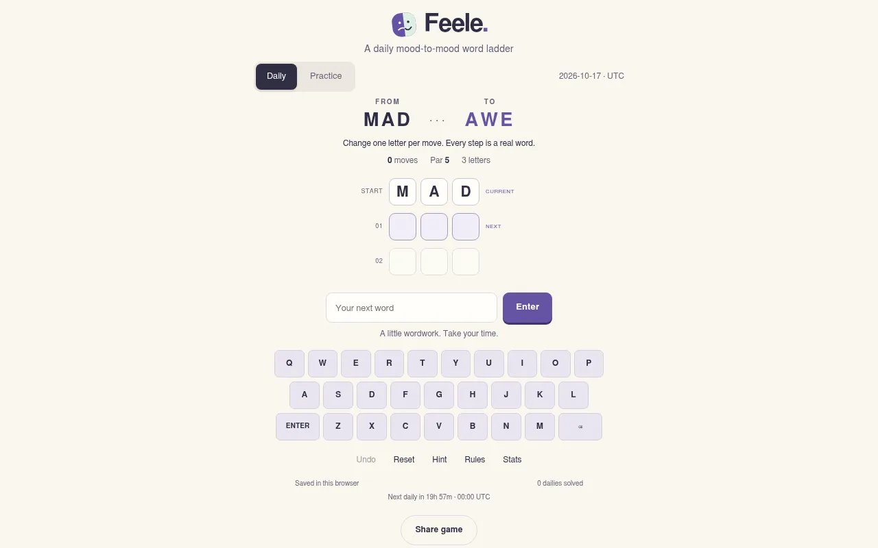 Feele's daily board for 17 October 2026: from MAD to AWE, par 5, with the word entry box and on-screen keyboard