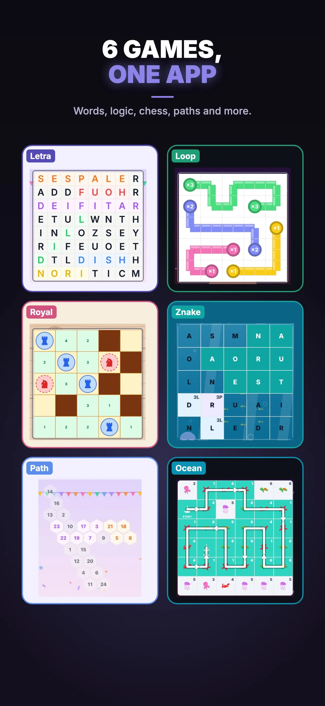 Felbor's six games side by side: Letra letter grid, Loop coloured paths with x2 and x3 circles, Royal rooks and knights on a board, Znake letter tiles, Path numbered hexagons and Ocean route through s
