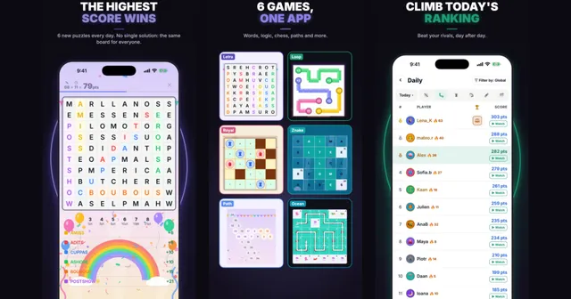 Felbor store art in three panels: a Letra word search with found words, the six games Letra, Loop, Royal, Znake, Path and Ocean, and a Daily leaderboard with scores