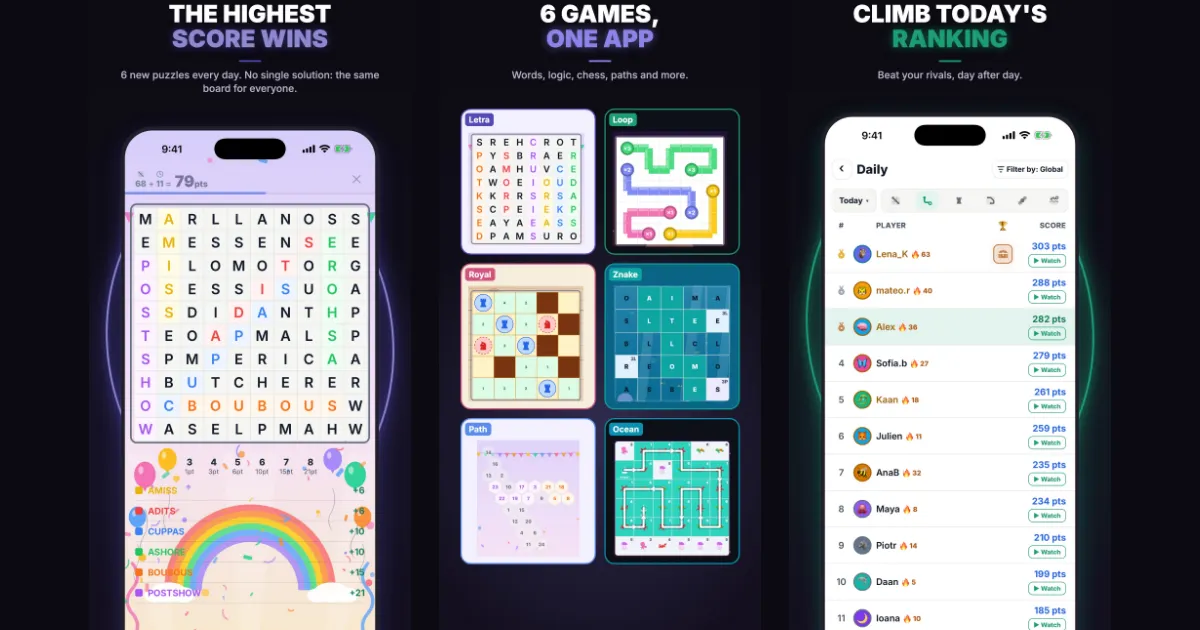 Felbor store art in three panels: a Letra word search with found words, the six games Letra, Loop, Royal, Znake, Path and Ocean, and a Daily leaderboard with scores