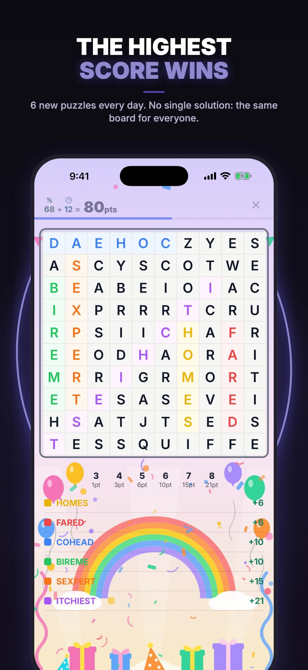 Felbor's Letra word search on iPhone: a 10x10 letter grid with found words such as COHEAD, BIREME and ITCHIEST scored up to +21, total 80 points, under The highest score wins