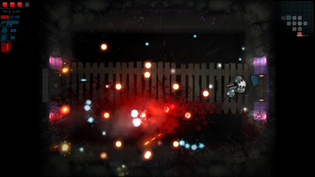 Feral Fury panda gunner in a dark arena firing as red enemy bullets fill the room