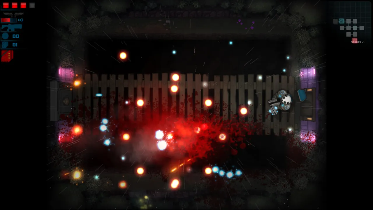 Feral Fury panda gunner in a dark arena firing as red enemy bullets fill the room