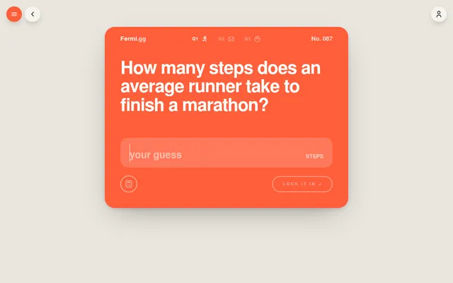 Fermi No. 087, 21 October 2026, question 1 of 3: how many steps an average runner takes to finish a marathon, with the guess box, calculator and Lock it in button