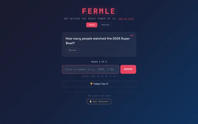 Fermle question #44, How many people watched the 2024 Super Bowl?, in Classic mode with a Show hint button, the guess box for Guess 1 of 5 and a Today's Top 10 button