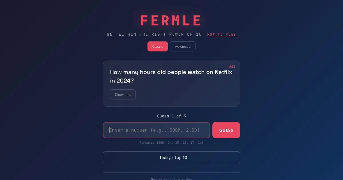 Fermle question #41, How many hours did people watch on Netflix in 2024?, with a hint button, a guess box showing Guess 1 of 5 and a Today's Top 10 button