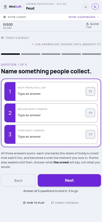 Feud at phone size: today's first survey prompt with its three answer boxes, the score out of 500 and the Next button