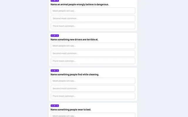 Feud on mindloftdaily.com: survey prompts 1 to 4 of 5, such as name something new drivers are terrible at, each with three empty answer boxes for the most, second and third most common answers
