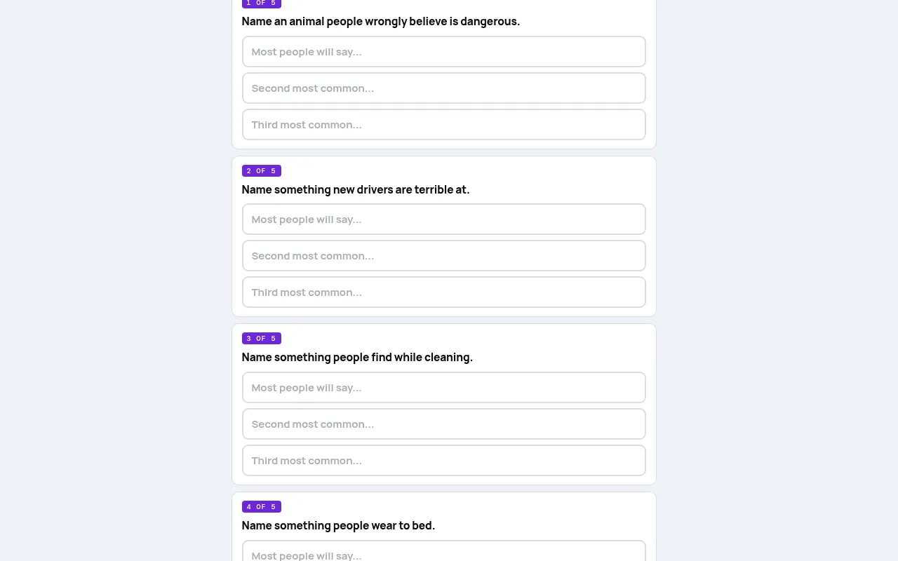 Feud on mindloftdaily.com: survey prompts 1 to 4 of 5, such as name something new drivers are terrible at, each with three empty answer boxes for the most, second and third most common answers