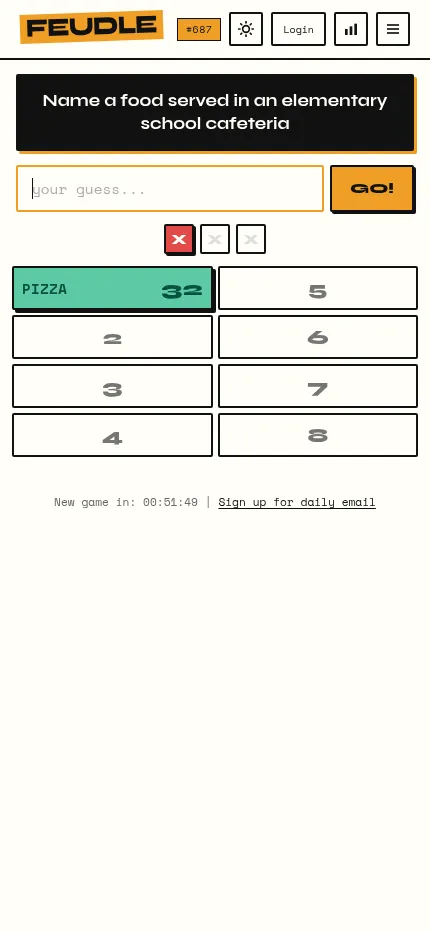 Feudle #687 on a phone: 'Name a food served in an elementary school cafeteria' with Pizza revealed as the top answer (32) and one strike