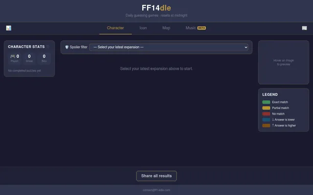 FF14dle: Daily guessing games, resets at midnight, with tabs for Character, Icon, Map and Music, a spoiler filter to select your latest expansion, character stats and a colour legend
