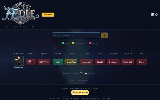 FFDle board after one guess: Cloud Strife's row with coloured clues for debut game, appearances, gender, race, type, job, weapon, affiliation and hair