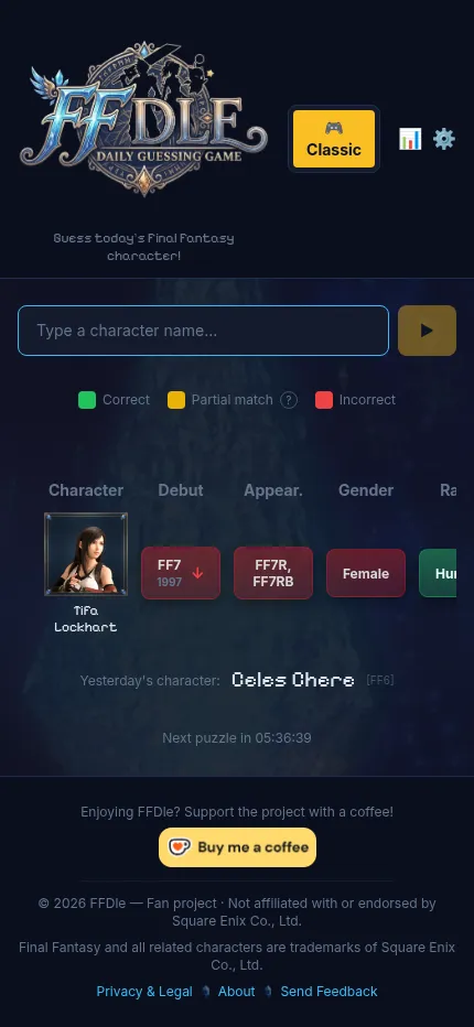 FFDle at phone size after guessing Tifa Lockhart: her portrait and the first clue tiles, yesterday's character Celes Chere and the countdown to the next puzzle